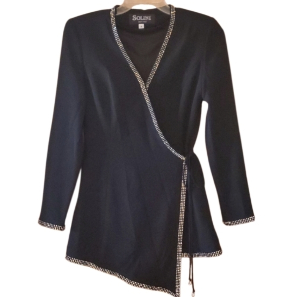 Solini Womans Vintage Black Tie Wrap Blazer Top With Crystal Rhinestones Size 4